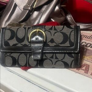 Coach Black Signature Canvas Wallet with Gold Buckle